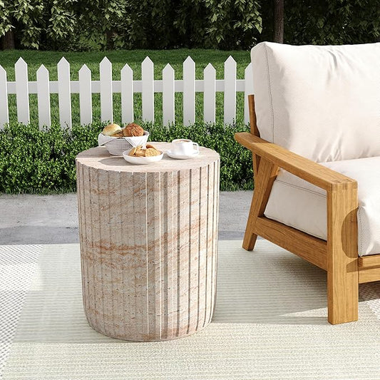 Christopher Knight Home Jaym 18.75" H Indoor Outdoor Accent Side Table, Patio Decorative End Table, Gear-Shaped Lightweight Concrete Garden Stool for Patio Balcony & Garden Decor, Travertine