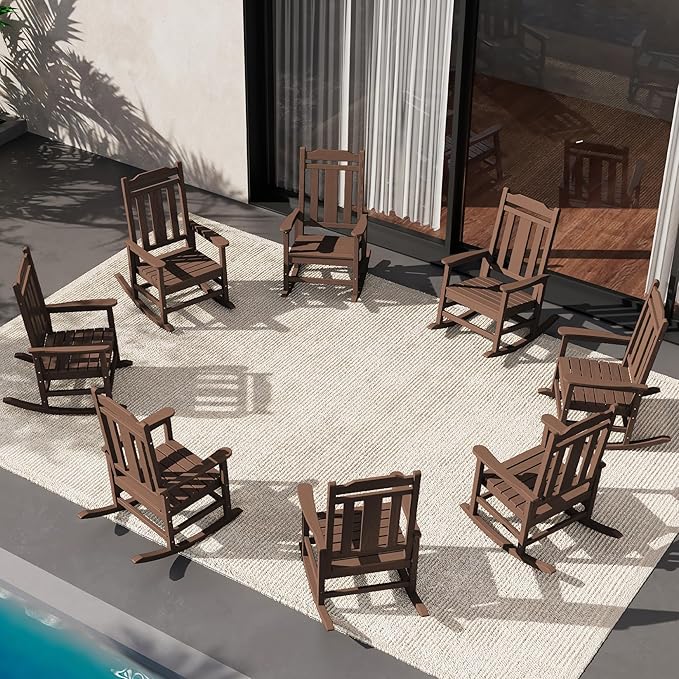 SERWALL Outdoor Rocking Chair Set of 8, HDPE Rocking Chair Outdoor for Adults, Heavy Duty Front Porch Rocker, Coffee