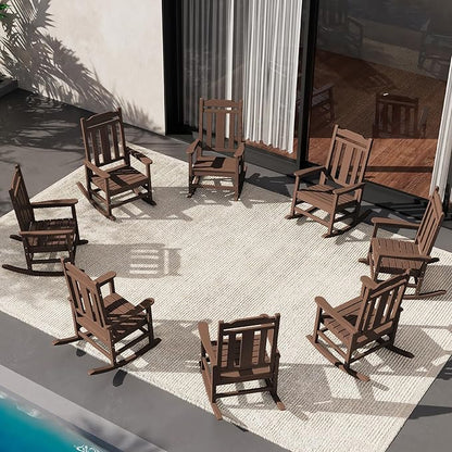 SERWALL Outdoor Rocking Chair Set of 8, HDPE Rocking Chair Outdoor for Adults, Heavy Duty Front Porch Rocker, Coffee