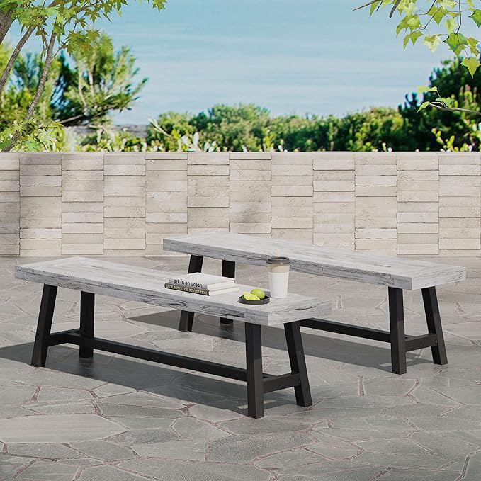 Merax 2 Pack Outdoor Acacia Wood Patio Bench, Garden Benches for Porch Park Yard Backyard Lawn, Grey + Black
