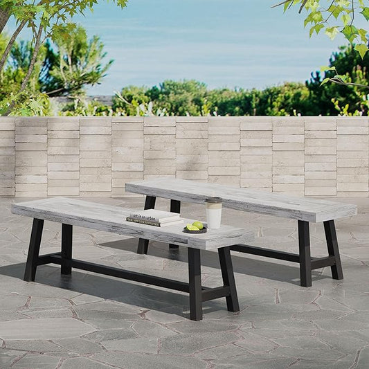 Merax 2 Pack Outdoor Acacia Wood Patio Bench, Garden Benches for Porch Park Yard Backyard Lawn, Grey + Black