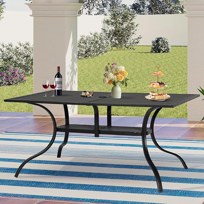 Incbruce Patio Dining Table, 60" x 37" Rectangle Metal Steel Slat Table, with 1.57" Umbrella Hole, for Backyards, Porches, Gardens or Poolside
