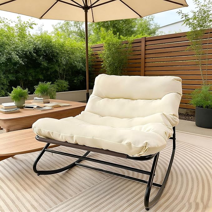 Outdoor Papasan Rocking Chair with Cushion, Oversized Patio Lounge Rocker, Heavy Duty 350 lbs Capacity, Comfortable Indoor & Outdoor Chair for Garden, Lawn, Bedroom, Living Room, White