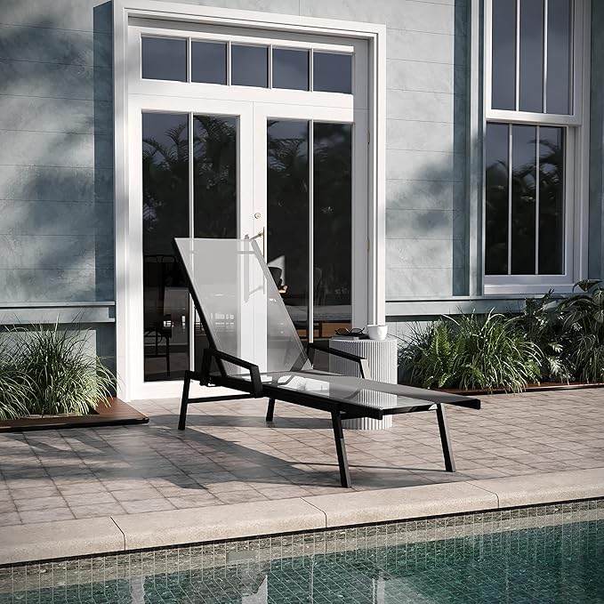 EMMA + OLIVER Braelin Adjustable Patio Chaise Lounge - Gray Textilene Seat - 5 Recline Positions - Metal Frame - Photo 1