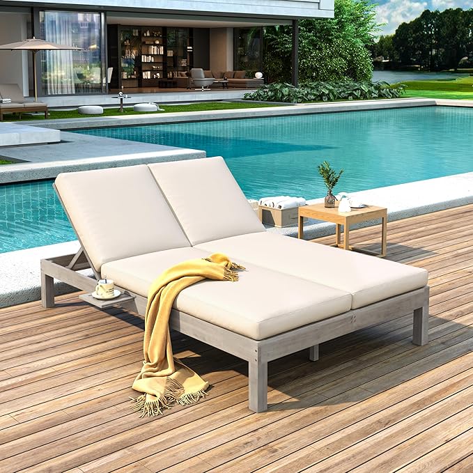 Outdoor Double Chaise Lounge with 5-Position Adjustable Backrest, Cushion and Folding Side Trays for 2 Person - Photo 1
