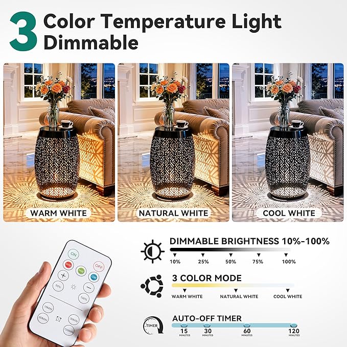 18" Cutout Metal Outdoor Side Table with 3-Mode LED Lights, Modern Decorative Drum End Table - Photo 6