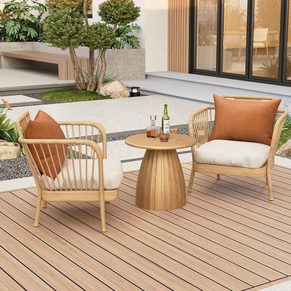 Metal Small Patio Table, Round Outdoor Side Table, Wood Color Outdoor Accent End Table, Patio Furniture, for Garden, Pool, Yard, Balcony, Living Room, Deck, Weather Resistant, No Assembly