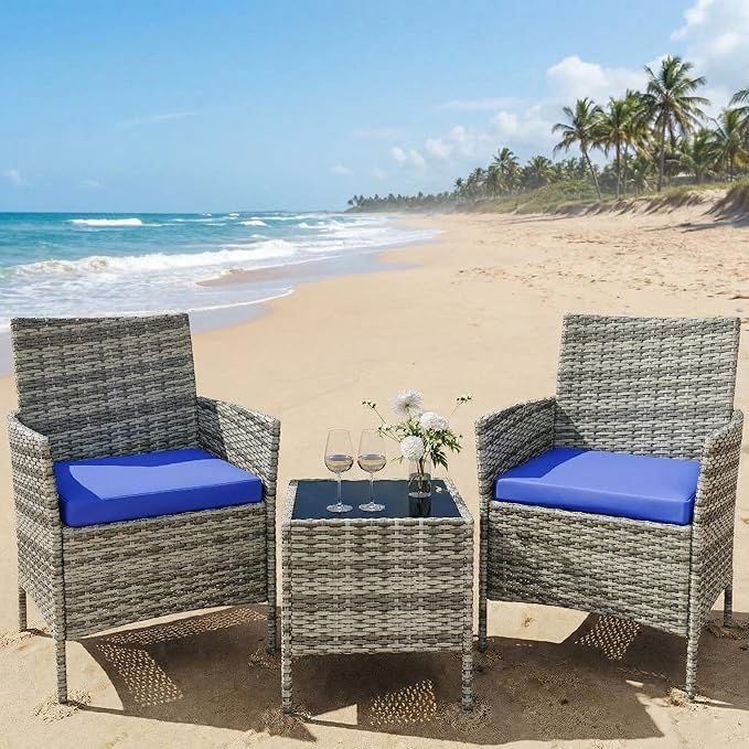 GarveeHome 3-Piece Patio Bistro Set, PE Rattan Outdoor Conversation Furniture with 2 Cushioned Chairs & Coffee Table - Photo 5