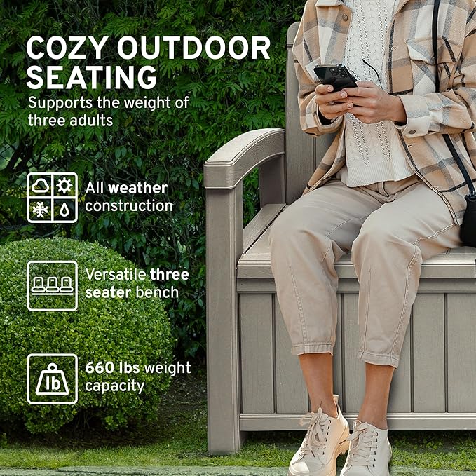 EconoHome 3 Seat Outdoor Storage Bench with Rain Cover - 90 Gallon Capacity - Weatherproof Resin Bench for Patio, Porch - Photo 4