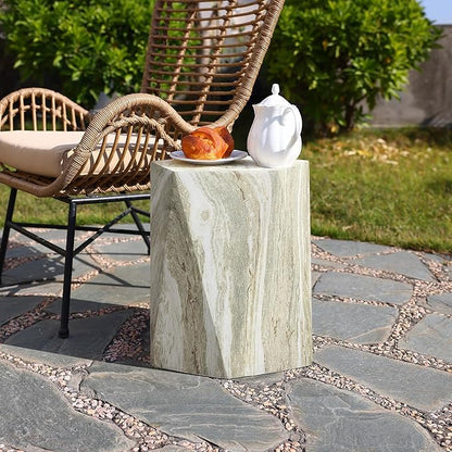 LuxenHome 18" Outdoor Side Table, Green and White Marbled Geometric Patio Side Table, Indoor Outdoor End Tables, Modern Side Tables for Outside, Garden Stool for Indoor and Outdoor