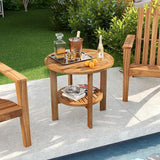 Tangkula Outdoor Round Side Table, 19.5 Inches Teak Wood Patio Table with Slatted Tabletop & Storage Shelf - Photo 8