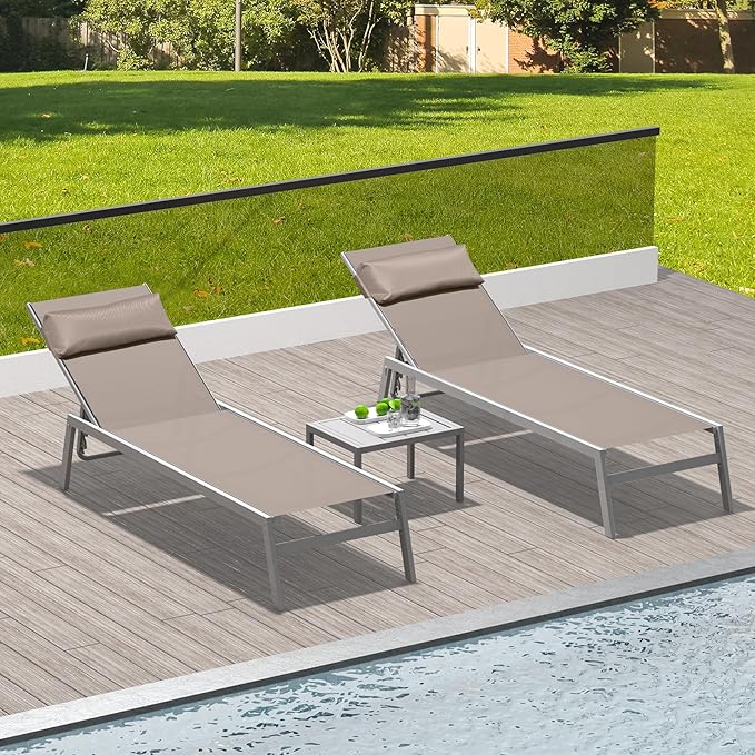 Domi Patio Chaise Lounge Set of 2 with Side Table, Aluminum Adjustable Pool Lounge Chairs - Photo 7