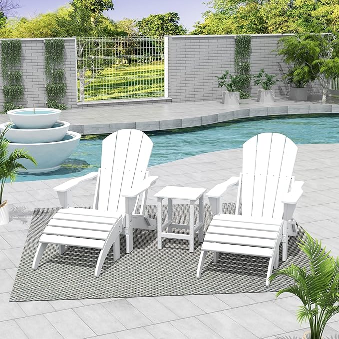 WestinTrends Malibu Outdoor Lounge Chairs Set, 5-Pieces Adirondack Chair Set of 2 with Ottoman and Side Table, All Weather Poly Lumber Patio Lawn Folding Chair for Outside, White