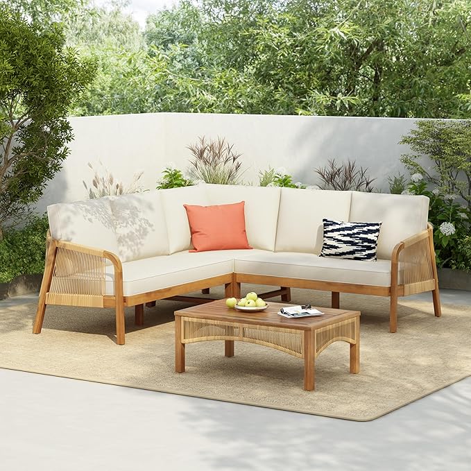 Merax 4-Pieces Outdoor Acacia Wood Patio Sectional Sofa Set, L Shape Couch with Coffee Table - Photo 1