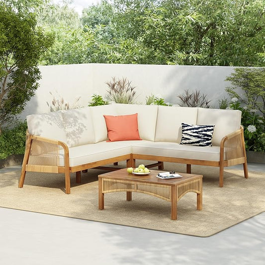 Merax 4-Pieces Outdoor Acacia Wood Patio Sectional Sofa Set, L Shape Couch with Coffee Table, Deep Seating with Soft Cushion, for Garden, Teak+ Beige
