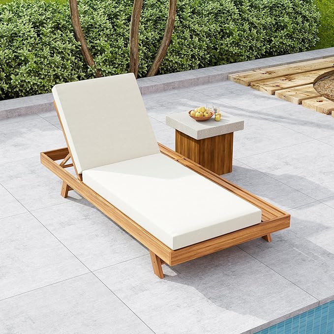 Merax Chaise Lounge Chair Set with Adjustable Backrest & Flat Storage Surface, 2/3 Foldable Acacia Wood Patio Recliner with 4" Thick Double-fold Cushion