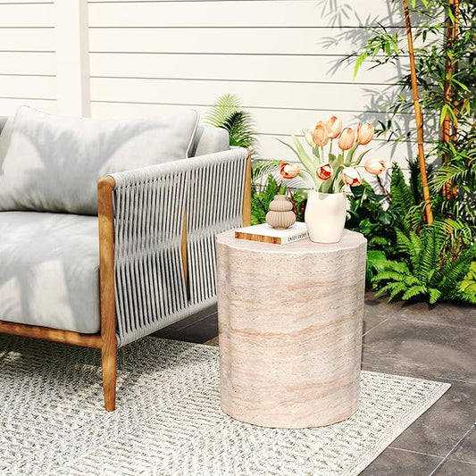 Merax Outdoor Lightweight Concrete Side Table 15.5" Dx18 H Cylinder Round Travertine Indoor Accent Table Weather Resistant End Table for Patio Backyard, Beige