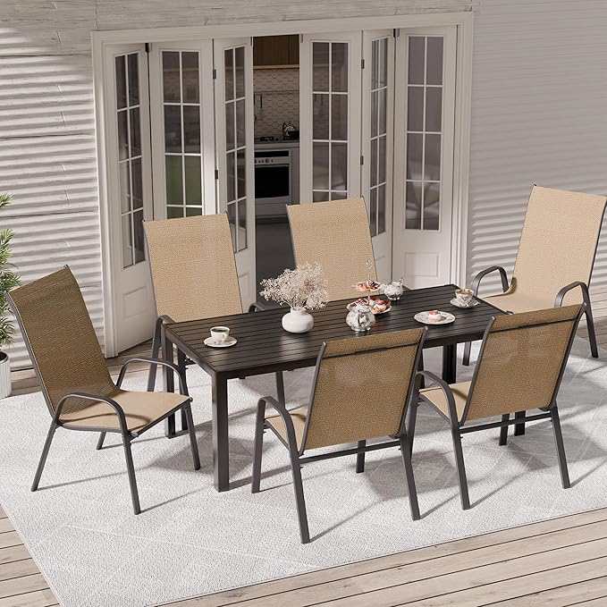 Patio Chairs Set of 6, Outdoor Dining Chairs Stackable for All Weather, Breathable Metal Modern Outside Furniture Chair for Pool Side, Garden, Backyard Deck, Brown