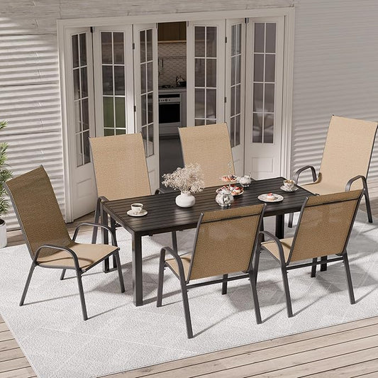 Patio Chairs Set of 6, Outdoor Dining Chairs Stackable for All Weather, Breathable Metal Modern Outside Furniture Chair for Pool Side, Garden, Backyard Deck, Brown