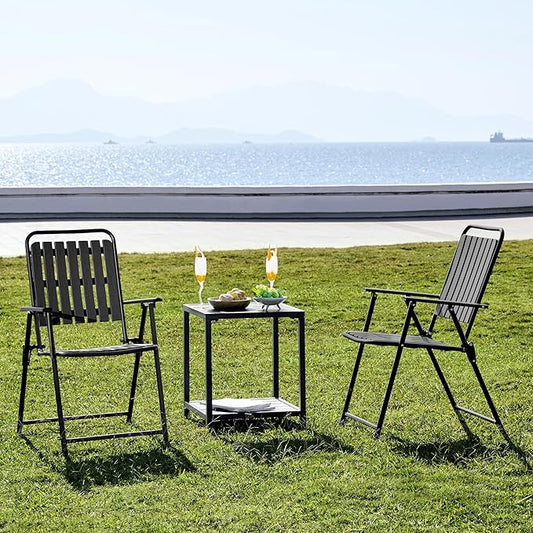 Yaheetech Folding Patio Chair Set of 2, Outdoor Dining Chair with Armrests, Plastic Patio Chair for Porch, Deck, Garden, Backyard, No Assembly Black
