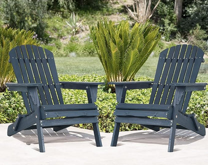 Folding Adirondack Chairs Set of 2, Solid Wood Adirondack Chair Lawn Chairs with Wide Armrest, All-Weather Outdoor Chairs Set Fire Pit Chairs Garden Chair, 350 Lbs, Easy to Install, Navy Blue…