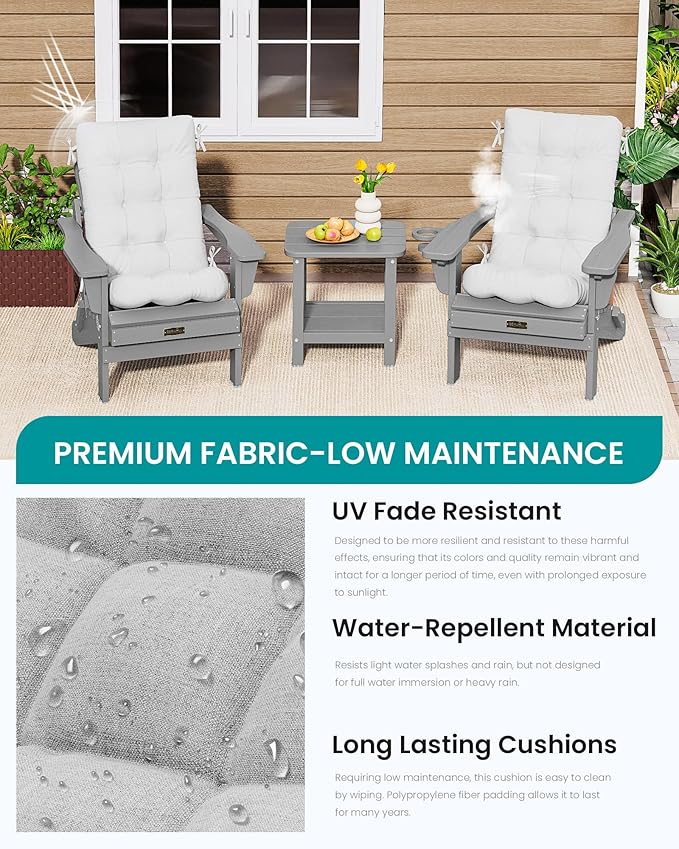 SERWALL HDPE Outdoor Rocking Chair Cushion Set of 4, Memory Foam Cushion Gray