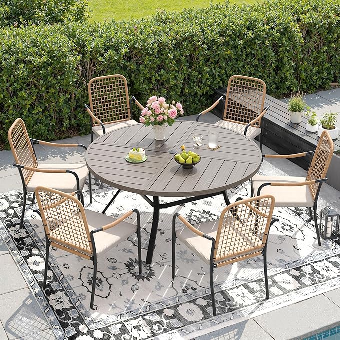 DIFY 50" Round Outdoor Patio Dining Table for 6, Metal Patio Table with 1.57" Adjustable Umbrella Hole, All-Weather Outdoor Furniture Table for Garden Backyard Deck, Grey Wood-Like