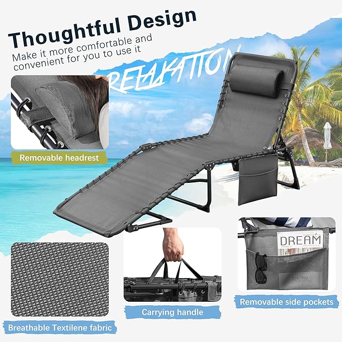 Greesum Chaise Lounge Folding Tanning Chair with 5 Position Adjustable Back, Detachable Pillow & Pocket Outside Pool, Beach, Sunbathing, Gray