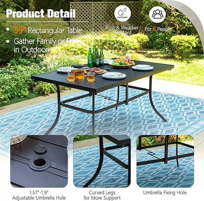 Sophia & William Outdoor Patio Table for 6 People, Rectangular Metal Patio Outdoor Dining Table, Black Steel Slatted Weather-Resistant Table with 1.57" Adjustable Umbrella Hole, L59 * W36 * H28