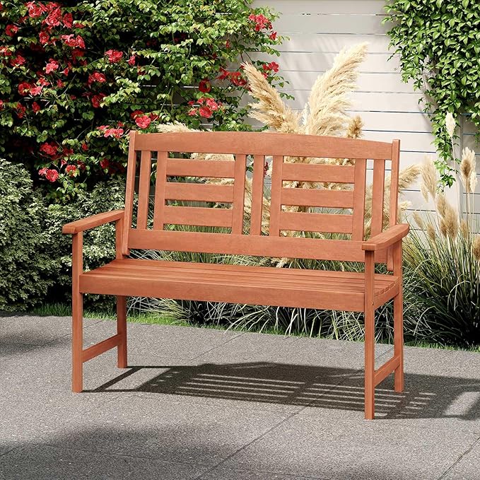 Byroce 2-Person Outdoor Bench, Solid Wood Patio Loveseat with Comfy Backrest & Armrest, Heavy Duty Garden Bench for Outdoors Backyard, Park, Balcony & Front Porch, Teak Oil Rubbed (Vertical Slat)