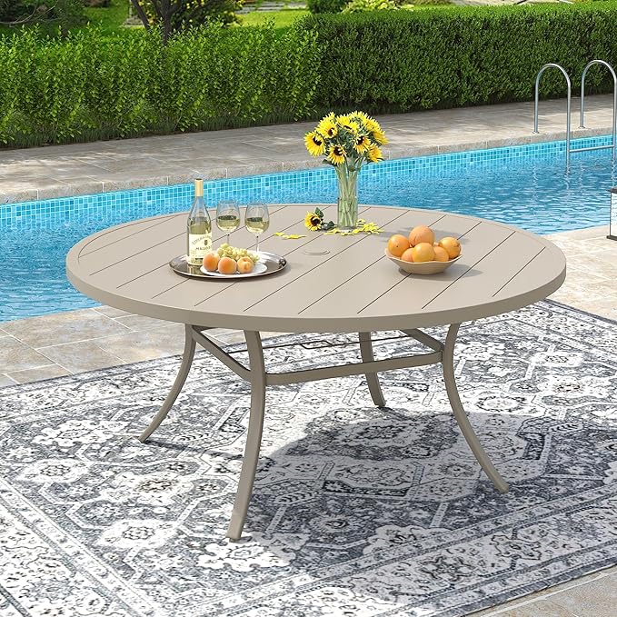VICLLAX 53" Outdoor Round Patio Dining Table for 8, All Weather Metal Dining Table with Umbrella Hole for Deck Lawn Garden Backyard, Sandshell