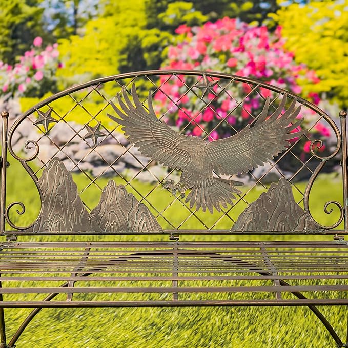 Classic Iron Garden Bench with Nature Scenery (Flying Eagle Backrest in Bronze)