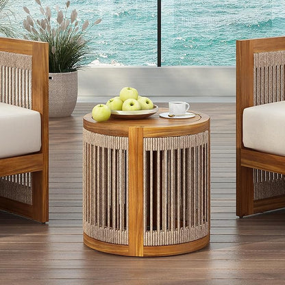Christopher Knight Home Viktor Acacia Wood Outdoor Side Table, Patio Round Coffee Table with Woven Rope Accents, Table for Patio Furniture Set, Elegant Slatted Design, Weather-Resistant, Teak