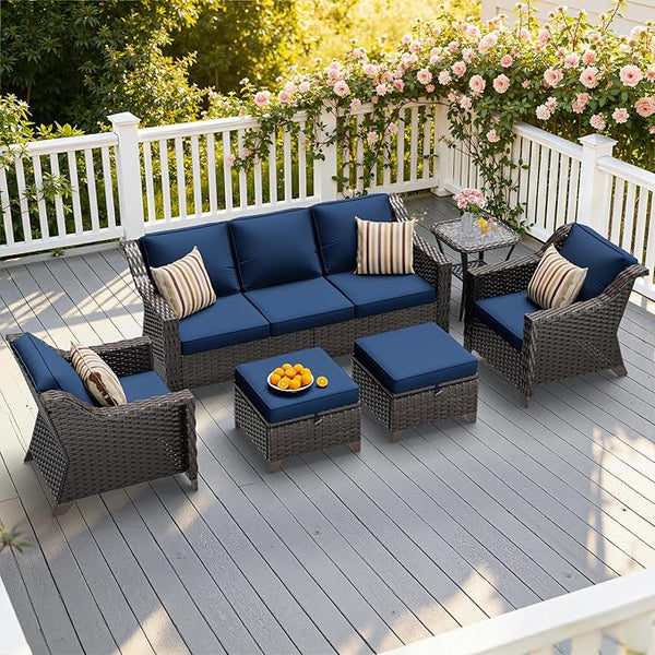 6 Pieces Patio Conversation Furniture Set - 1 Sofa, 2 Armchairs, 2 Ottomans, 1 Side Table - Photo 1