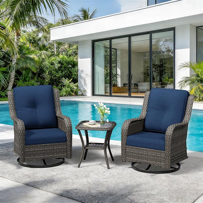 3 Piece Outdoor Wicker Patio Furniture Set, Swivel Rocker Patio Chairs Set with Thickened Olefin Cushions, High Back and Deep Seating, Hand-Woven PE Rattan for Porch, Deck