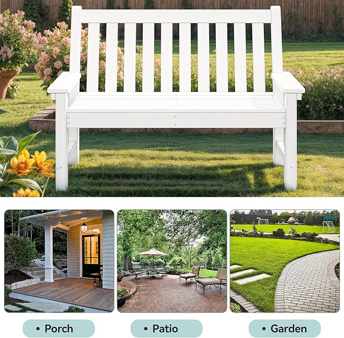 YITAHOME Garden Bench, All Weather Outdoor Bench for 2-3 Persons, Fade/Rot Resistance Patio Benches for Park, Porch, Patio & Backyard (White)