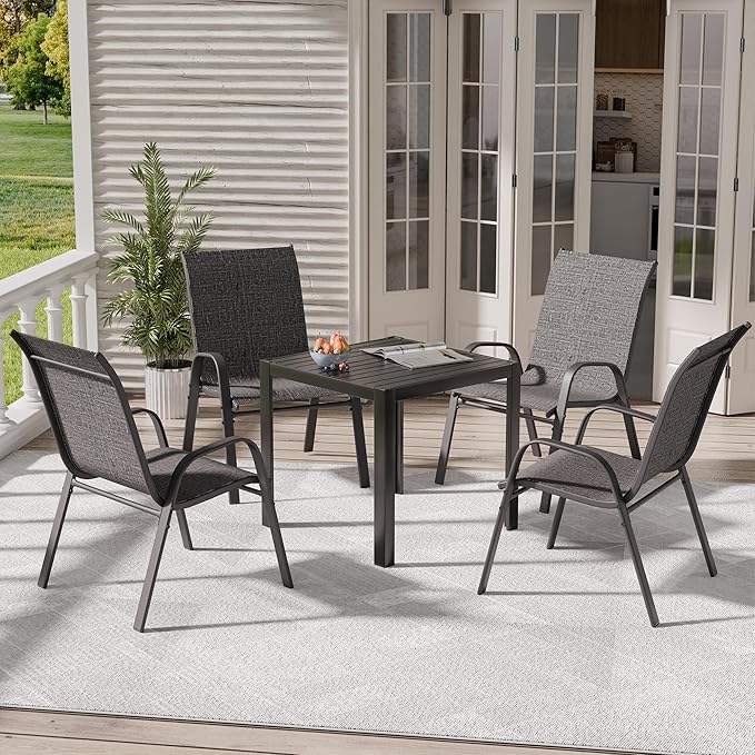 Patio Chairs, Stackable Outdoor Dining Chairs for All Weather, Metal Modern Outside Furniture Chair for Pool Side, Garden, Backyard Deck, Set of 4, Dark Grey