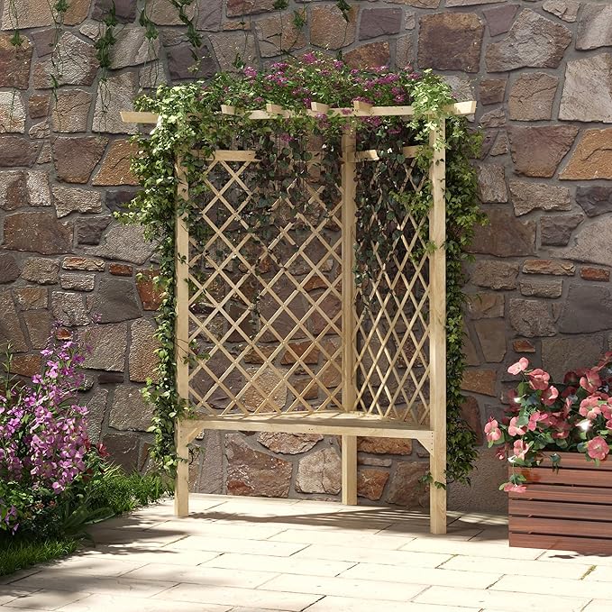 Outsunny 55" Garden Arch Bench, Wooden Trellis Park Bench with Slatted Seat for Outside, Lattice Backrest for Vines & Climbing Plants Outside On Deck, Lawn, Porch, Natural
