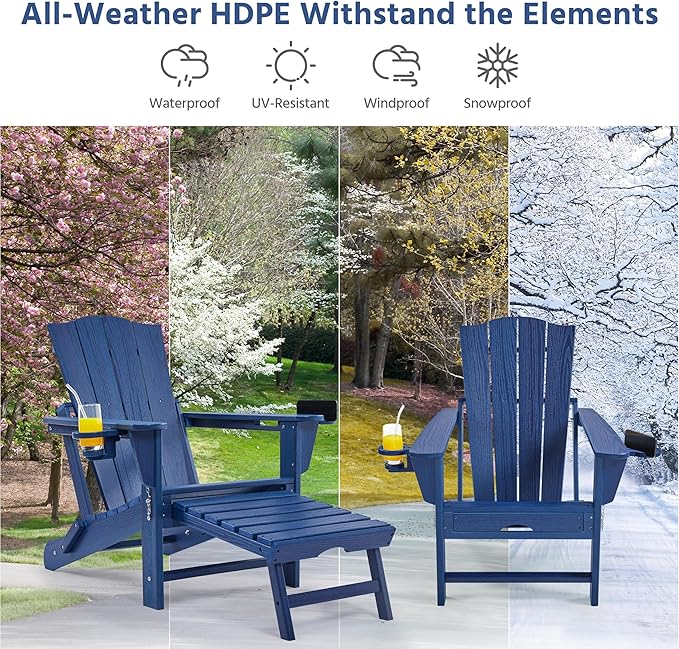 Yaheetech Adirondack Chair with Retractable Ottoman, All Weather Patio Folding Fire Pit Chair with Cup Holder and Phone Holder for Outdoor Poolside, Navy Blue, 2 pcs