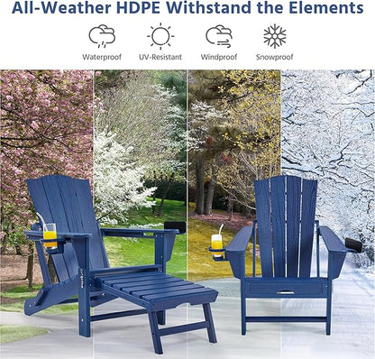 Yaheetech Adirondack Chair with Retractable Ottoman, All Weather Patio Folding Fire Pit Chair with Cup Holder and Phone Holder for Outdoor Poolside, Navy Blue, 2 pcs