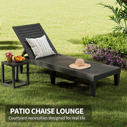 Patio Chaise Lounge Set of 2, 5-Position Adjustable Reclining Patio Lounge Chairs with Wood Grain Finish, All-Weather Resin Pool Lounge Chairs for Garden Deck Backyard (Black)