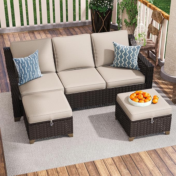 3 Pieces Outdoor Conversation Furniture Set - 77" Patio Sofa, 2 Rattan Wicker Ottomans - Photo 1