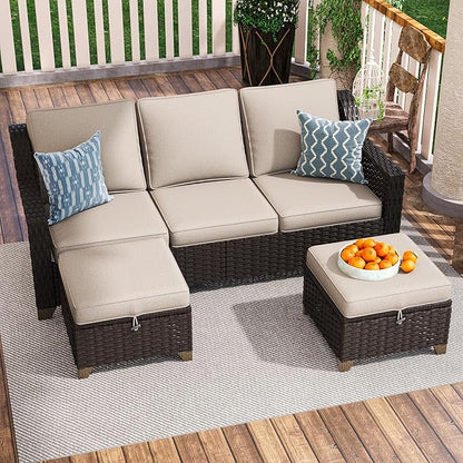 3 Pieces Outdoor Conversation Furniture Set - 77" Patio Sofa, 2 Rattan Wicker Ottomans, Patio Wicker Couch Set with Water-Resistant and Washable Cushions for Sunroom, Deck, Porch (Beige)
