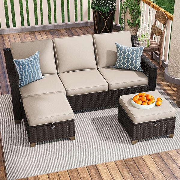 3 Pieces Outdoor Conversation Furniture Set - 77" Patio Sofa, 2 Rattan Wicker Ottomans - Photo 1