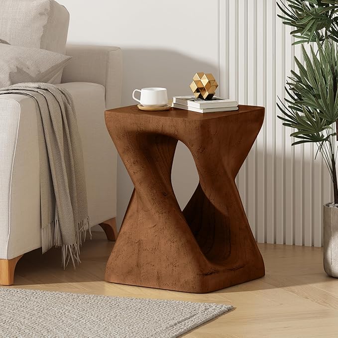 Faux Concrete Side Table Outdoor Faux Stone End Table, Round Outdoor Accent Tables, Garden Stool Plant Stand for Porch Patio, Backyard Brown