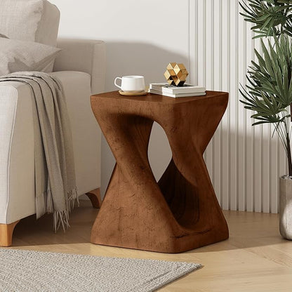 Faux Concrete Side Table Outdoor Faux Stone End Table, Round Outdoor Accent Tables, Garden Stool Plant Stand for Porch Patio, Backyard Brown