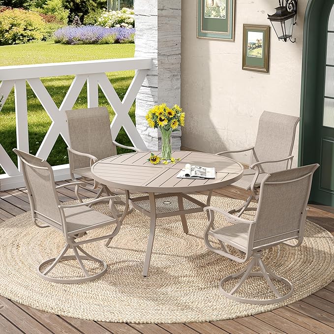 DIFY 40.6" Round Outdoor Patio Dining Table for 4, All-Weather Metal Steel Slatted Patio Table with 1.57" Adjustable Umbrella Hole, for Lawn Garden Porch Backyard, Sandshell