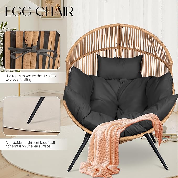 JAMFLY Wicker Egg Chair - Rattan Patio Chair with Cushion, Indoor-Outdoor Lounge Egg Basket Seat for Living Room - Photo 3