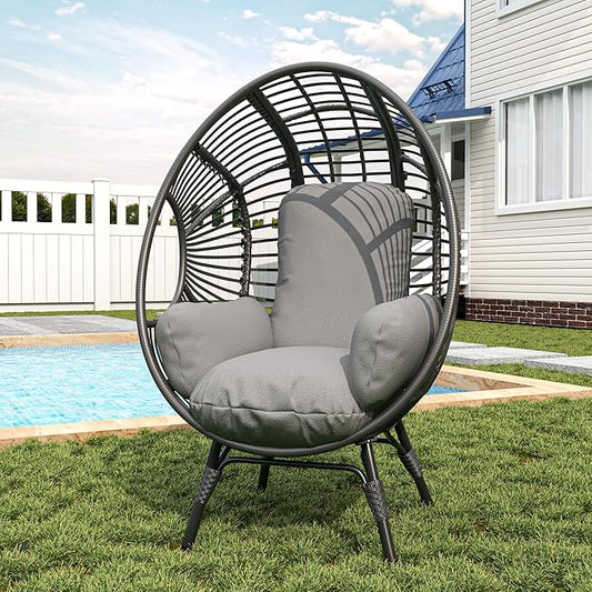 Patio Egg Chair, Oversized Outdoor Wicker Egg Chair with 8" Thick Cushion, PE Rattan Lounge Chair with Steel Frame for Balcony, Backyard, Garden, Sunroom, Black＋Gray