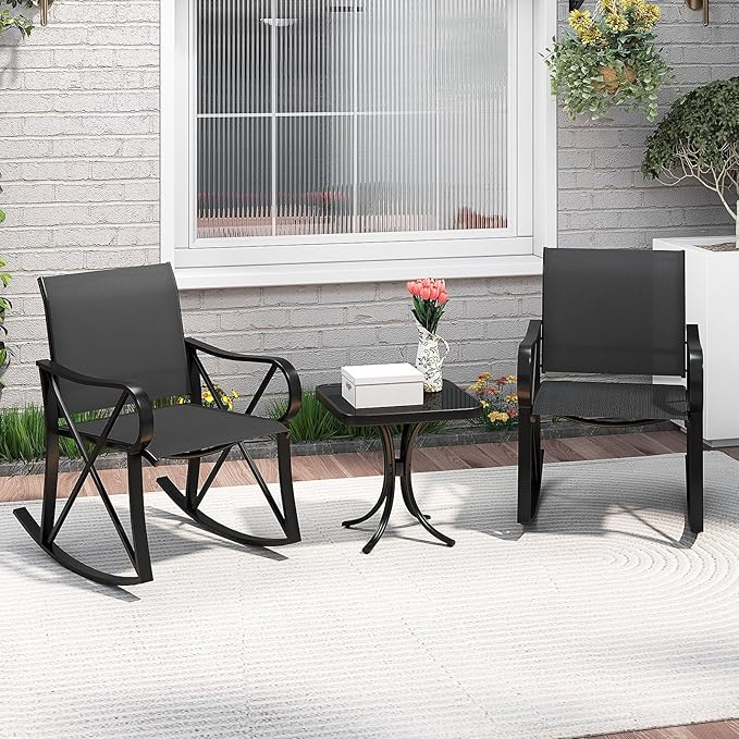 Tangkula 3 Piece Patio Rocking Set, 2 Rocking Chairs with Tempered Glass Side Table - Photo 3